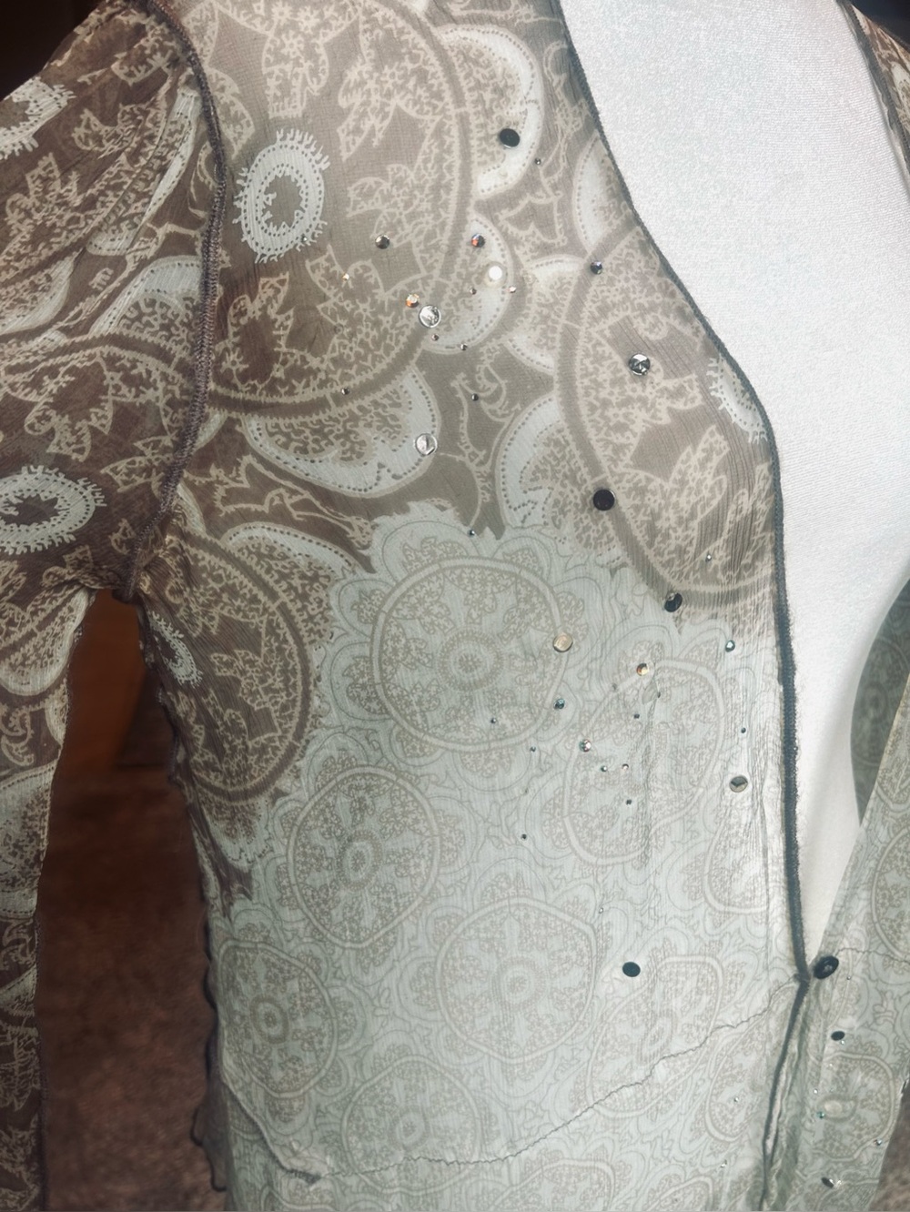 Rozae Nichols 100% Silk Sheer Rhinestone Crinkle Cardigan Jacket M - Picture 6 of 14